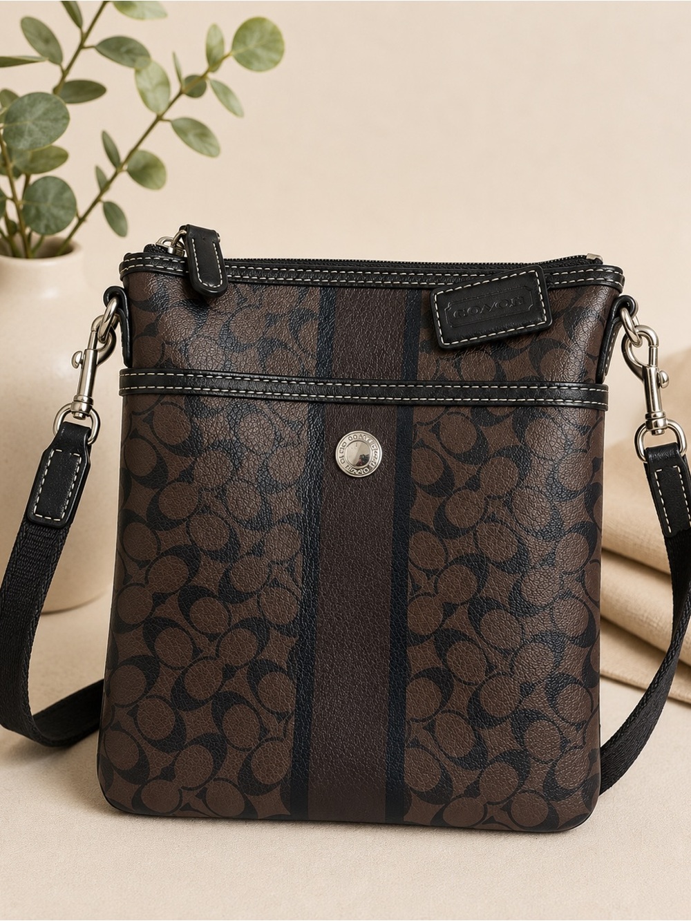 Coach Signature C Brown & Black Crossbody Bag 7.5 x 9 EUC  silver Hardware